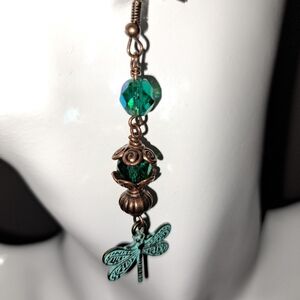 Green Patina Dragonfly Charm and Crystal Dangle Earrings in Copper